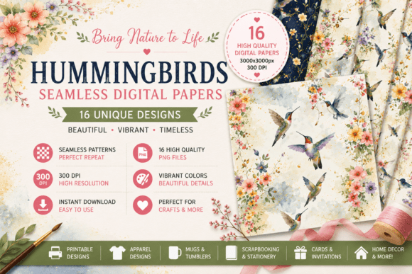 Hummingbirds Digital Patterns: 16 Seamless Designs for Creative Projects