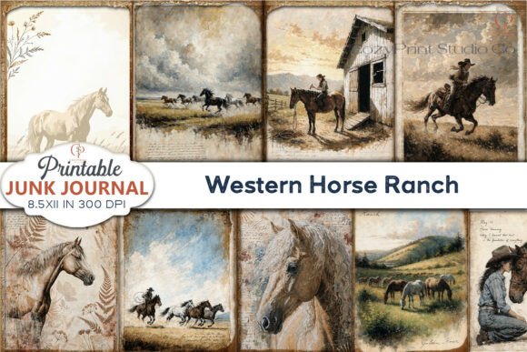 Western Horse Ranch Junk Journal Pages: Rustic Digital Art